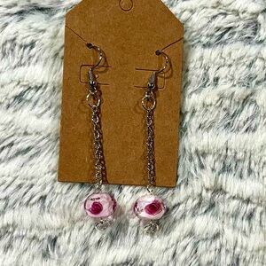 Rose Beaded Silver Chain Dangle Earrings